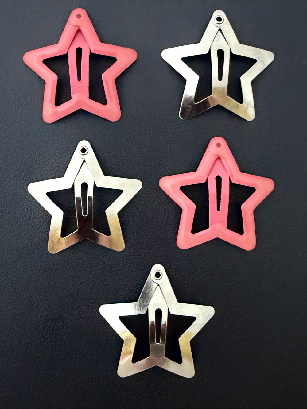 5 Snap Metal Hair Clips Barrettes~2 Glow in the Dark Pink Salmon Stars, 3 Silver